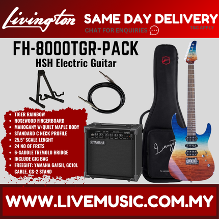Tiger rainbow HSH electric guitar pack with gig bag, amplifier, and cable