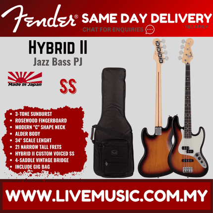 Fender Japan Hybrid II Jazz Bass PJ Guitar, RW FB, Olympic Pearl / Black / 3-Tone Sunburst / Vintage Natural