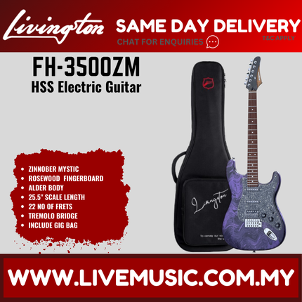 Livingston FH-3500 Stratocaster HSS Electric Guitar w/GA15II Amplifier Rosewood Fretboard -ZINNOBER MYSTIC ( FH3500 FH 3500 )