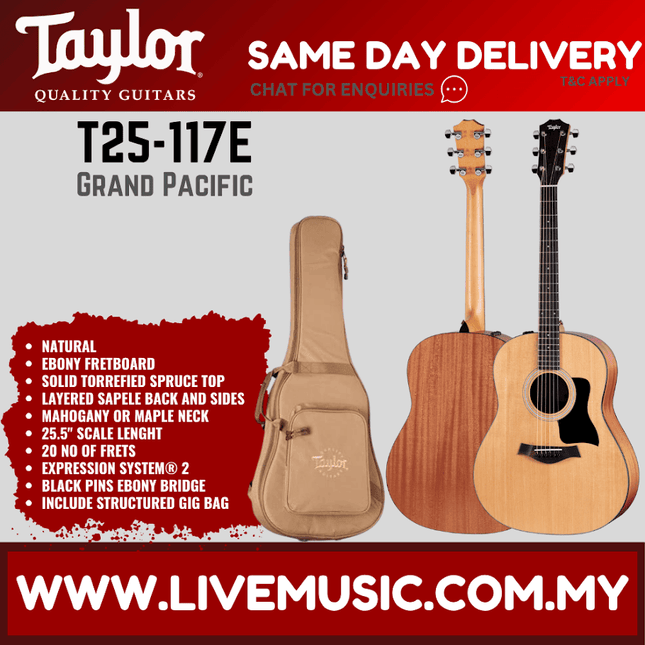 Taylor 117e acoustic-electric guitar with natural body and padded gig bag case
