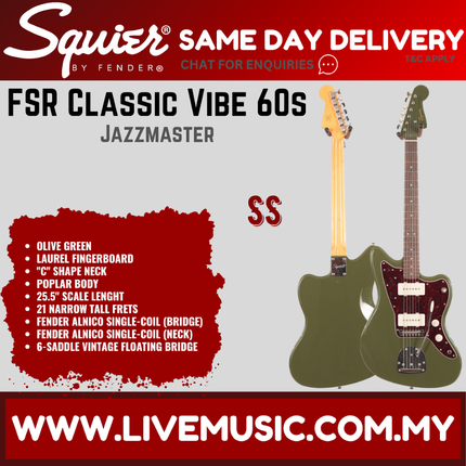 Squier FSR Classic Vibe 60s Jazzmaster Electric Guitar, Laurel FB, Olive Metallic