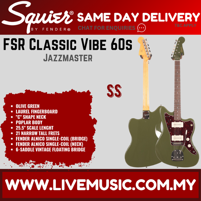 Squier FSR Classic Vibe 60s Jazzmaster Electric Guitar, Laurel FB, Olive Metallic