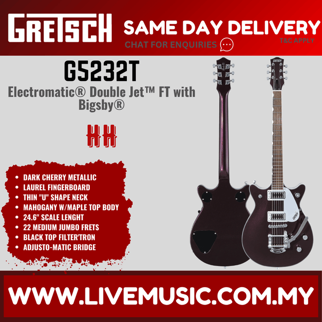Gretsch G5232T Electromatic Double Jet FT Electric Guitar w/Bigsby, Laurel FB, Dark Cherry Metallic