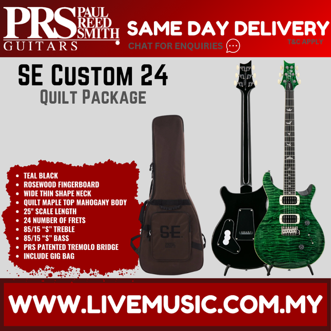 PRS SE Custom 24 Electric Guitar w/Quilt Package, Teal Black