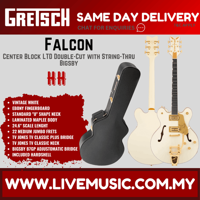 Gretsch Falcon Center Block LTD Double-Cut w/String-Thru Bigsby Electric Guitar, Vintage White
