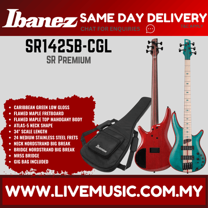 Ibanez SR1425B-CGL Sr Premium Series 5 String Electric Bass, Caribbean Green Low Gloss ( SR1425B CGL / SR1425BCGL )