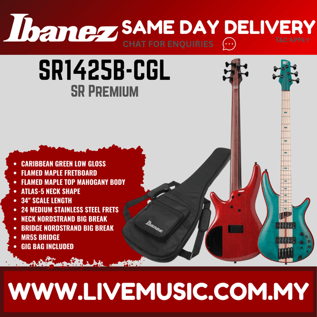 Ibanez SR1425B-CGL Sr Premium Series 5 String Electric Bass, Caribbean Green Low Gloss ( SR1425B CGL / SR1425BCGL )