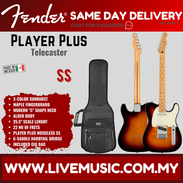 Fender Player Plus Telecaster Electric Guitar, Maple Fretboard - 3 Tone Sunburst