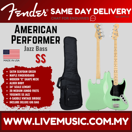 Fender American Performer Jazz Bass Guitar, Maple Fretboard with Bag - Satin Seafoam Green