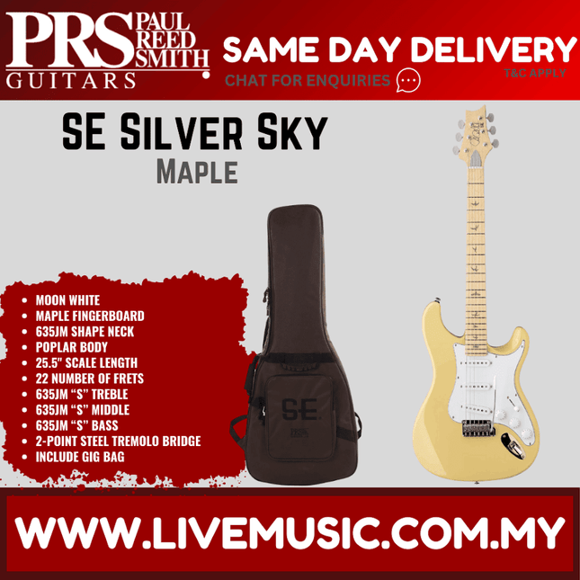 PRS SE Silver Sky Electric Guitar w/GigBag, Maple FB, Moon White