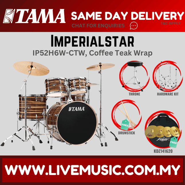 Tama Imperial Star drum set with throne, coffee teak wrap shells and cymbals