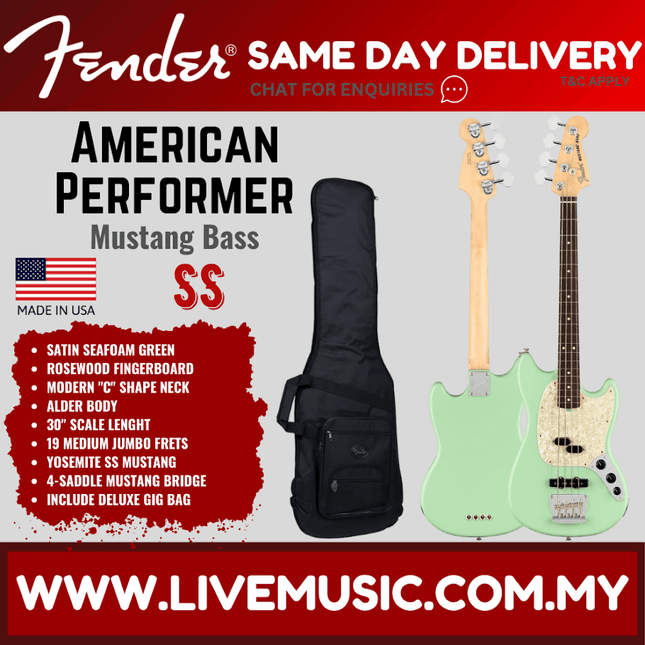 Fender Mustang bass guitar with satin seafoam green finish and black gig bag
