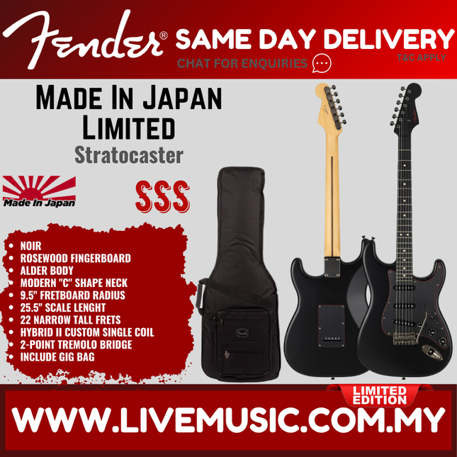 Fender MIJ Limited Stratocaster Electric Guitar, RW FB, Noir