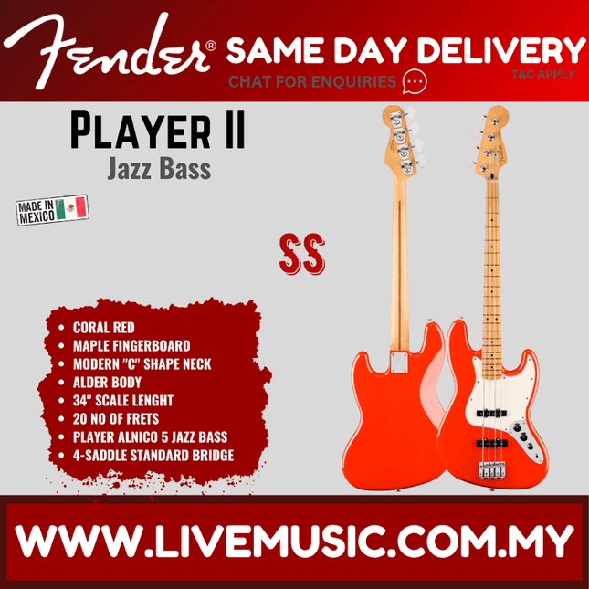 Jazz bass guitar, coral red body with maple fingerboard and two pickups