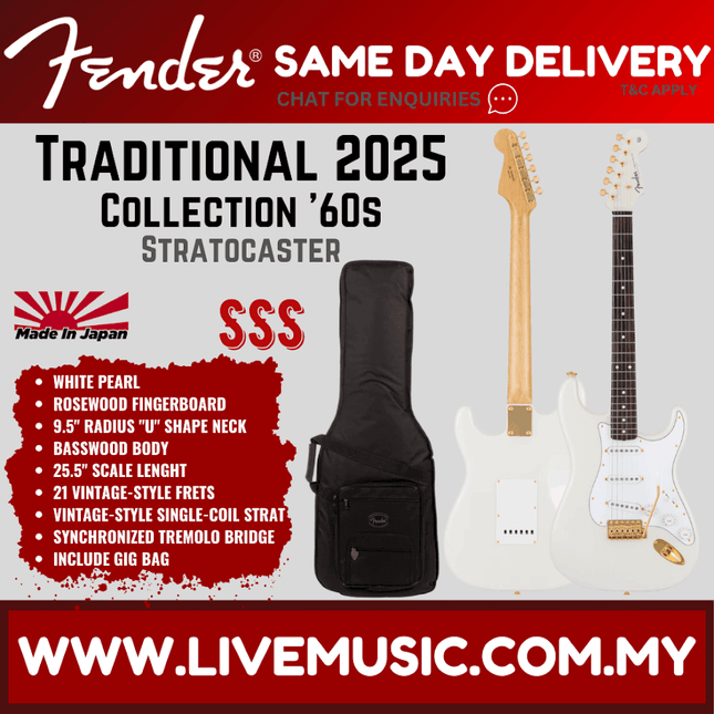Fender Japan Traditional 2025 Collection 60s Stratocaster Electric Guitar, RW FB, White Pearl