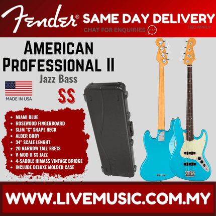 Fender American Professional II Jazz Bass Electric Guitar, Rosewood Fretboard - Miami Blue