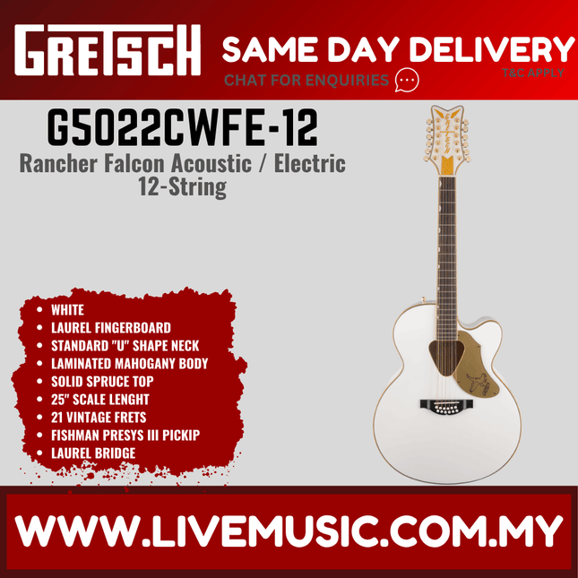 Gretsch G5022CWFE-12 Rancher Falcon Jumbo 12-String Cutaway Electric Guitar, White