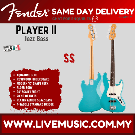 Fender Player II Jazz Bass Guitar, RW FB, Birch Green / Hialeah Yellow / 3 Tone Sunburst / Aquatone Blue