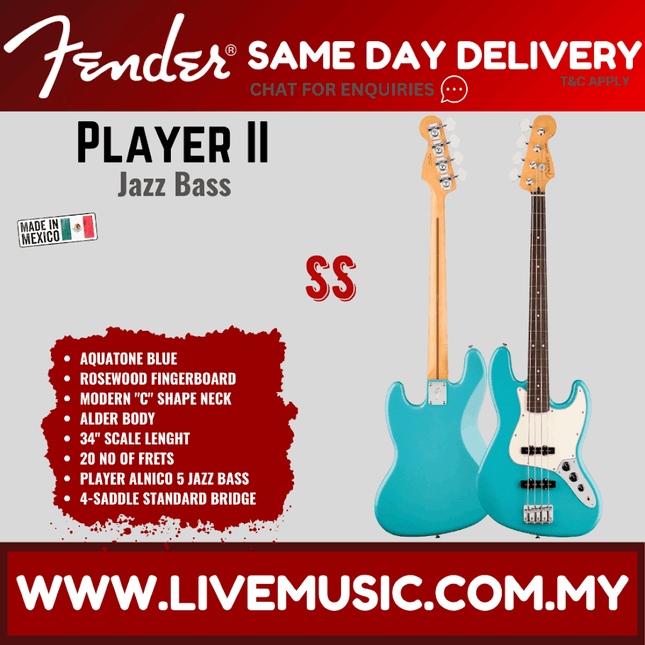 Fender Player II Jazz Bass guitar, Aquatone Blue body, dark fretboard