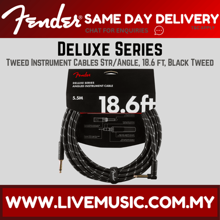Fender Deluxe Series Angled Instrument Cable, 18.6ft - Black Tweed