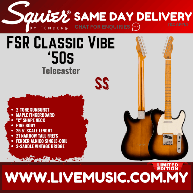 Squier FSR Classic Vibe 50s Telecaster Electric Guitar, Maple FB, 2-Tone Sunburst