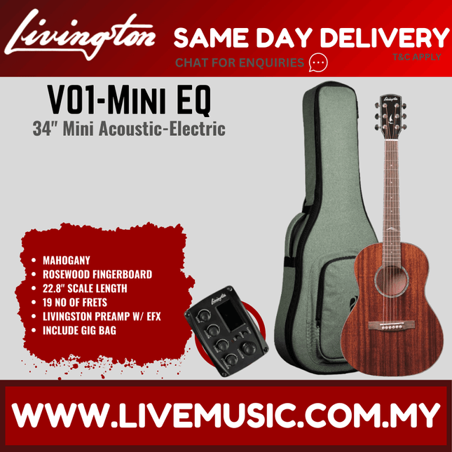 Livingston V01-Mini EQ 34" Mahogany Solid Top Acoustic-Electric Guitar, RW FB - Mahogany ( V01 Mini V01Mini )