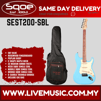 SQOE SEST200 Stratocaster SSS 6-String Electric Guitar Rosewood Fretboard - Sky Blue ( SEST 200 / SEST-200 )