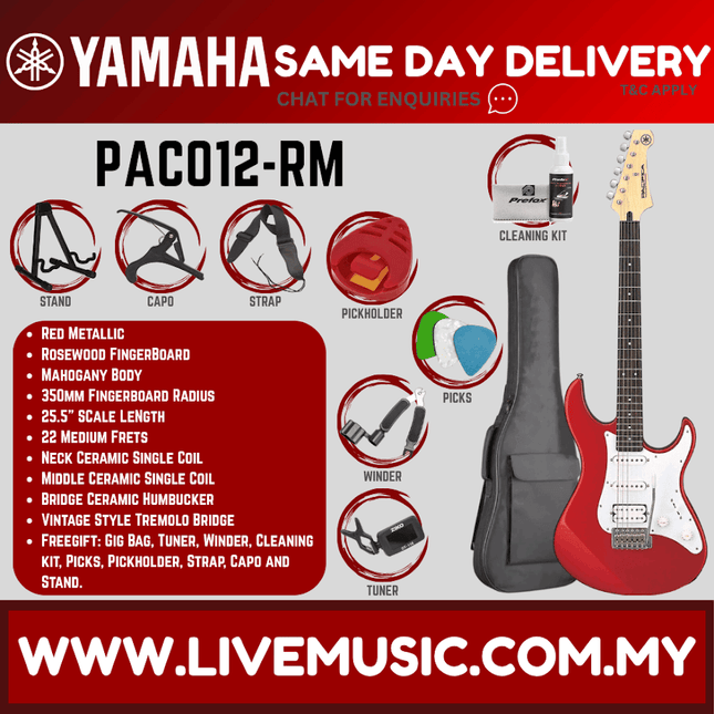 Red metallic electric guitar with gig bag, cleaning kit, tuner, and picks