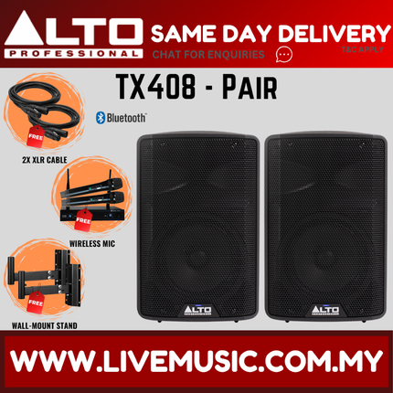 Alto TX408 8" Powered Loudspeaker w/Mic, Speaker Stand and Cable - Each / Pair ( TX-408 TX 408 ) Replace TX308 TX-308