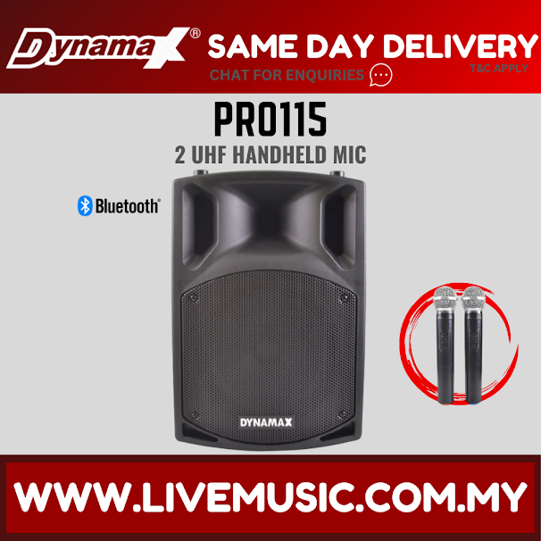 Black portable Bluetooth PA speaker with two handheld wireless microphones, front view