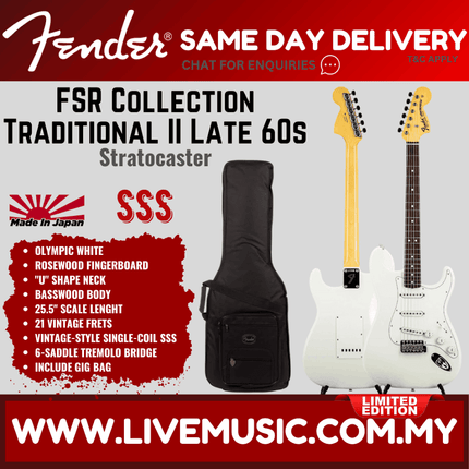 Fender FSR Collection Traditional Late 60s Stratocaster Guitar, RW FB, Olympic White