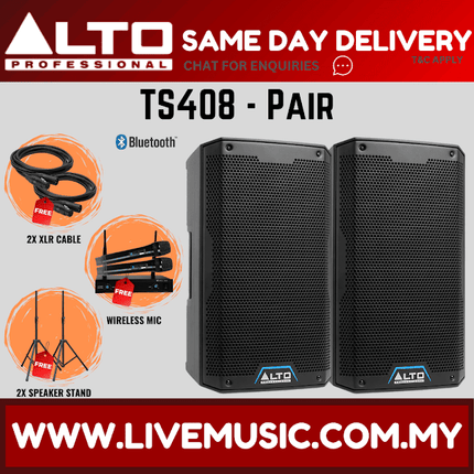 Alto TS408 2000W 8" Powered Speaker w/UG-88HH Wireless Mic, Speaker Stand and Cable - Each / Pair ( TS 408 TS-408 )