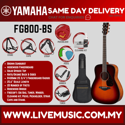 Yamaha FG800 41" Dreadnought Solid Sitka Spruce Top Acoustic Guitar- Brown Sunburst (FG 800)