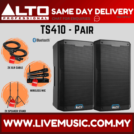 Alto TS410 2000W 10" Powered Speaker w/UG-88HH Wireless Mic, Speaker Stand and Cable - Pair/Each( TS-410 TS 410 )