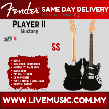 Fender Player II Mustang Electric Guitar, RW FB - Black