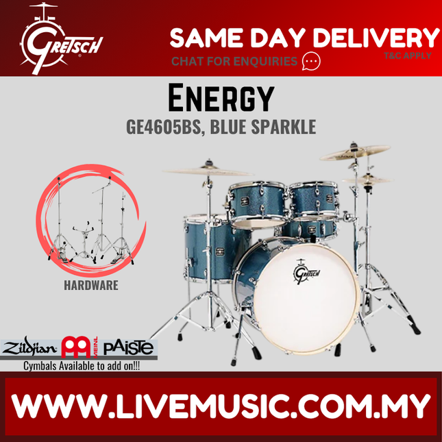Blue sparkle 5-piece drum set with hardware, including bass drum and cymbals