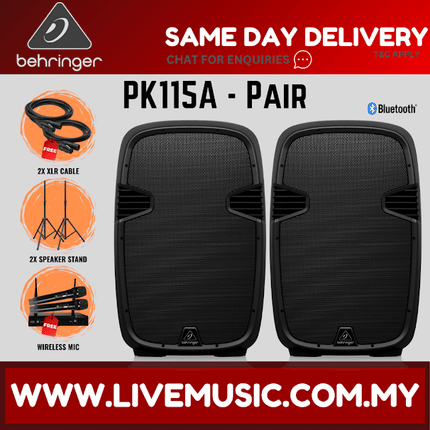 Behringer PK115A Active 800W 15" PA Speaker w/Bluetooth w/Wireless Mic, Speaker Stand & Cable ( PK-115A / PK 115A )