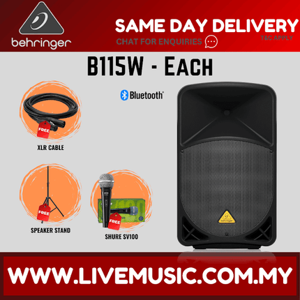 Behringer Eurolive B115W 1000W 15" Powered Speaker w/Wireless Mic,Speaker Stand & Cable - Each / Pair ( B-115W B 115W )