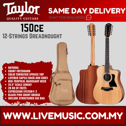 Taylor 150ce Dreadnought 12-string Acoustic-Electric Guitar w/Case, Natural