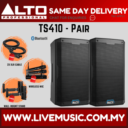 Alto TS410 2000W 10" Powered Speaker w/UG-88HH Wireless Mic, Speaker Stand and Cable - Pair/Each( TS-410 TS 410 )