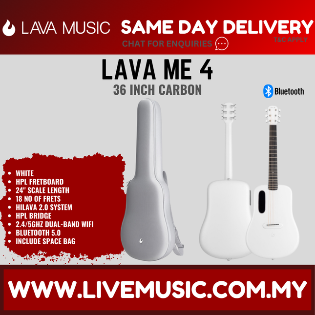 Lava Me 4 36" Carbon Fiber Smart Acoustic Electric Guitar With Touchscreen Effects And Space Bag-White