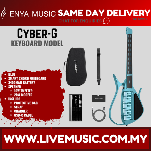 Blue Cyber-G stringless keyboard guitar with strap, USB-C cable, and charger