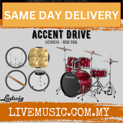 Ludwig Accent Drive 5-Piece Drums Set w/Hardware+Throne+Cymbal (22x16 BD / 16x16 FT / 12x9 TT / 10x8 TT / 14x6.5 SD)