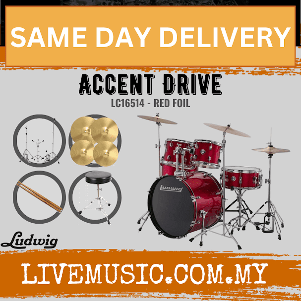 Ludwig Accent Drive 5-Piece Drums Set w/Hardware+Throne+Cymbal (22x16 BD / 16x16 FT / 12x9 TT / 10x8 TT / 14x6.5 SD)