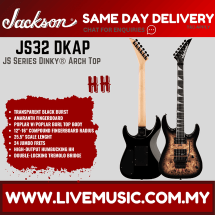 Jackson JS Series Dinky JS32 DKAP Electric Guitar, Amaranth FB, Transparent Black Burst