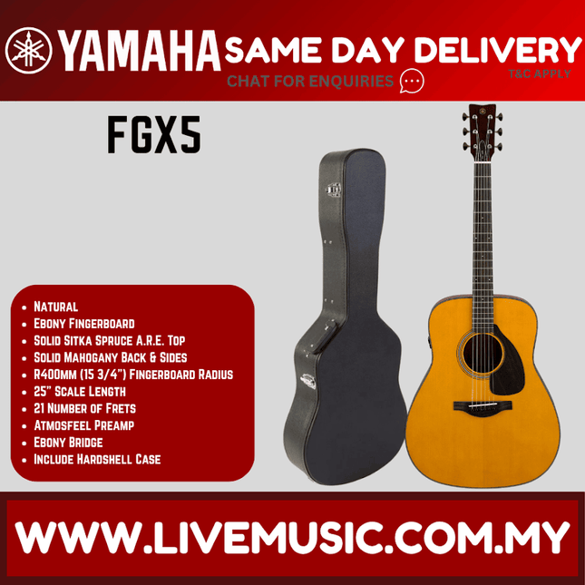 Natural acoustic-electric guitar with padded hard case, black hardware and pickguard