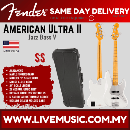Fender American Ultra II Jazz Bass V Guitar, Maple FB, Avalanche