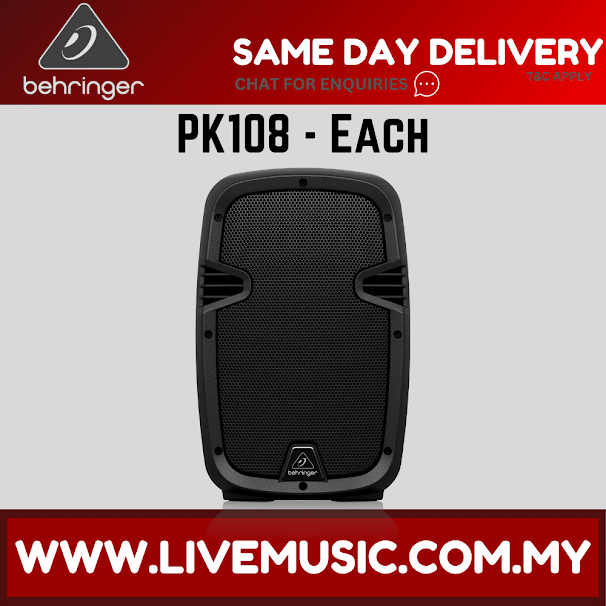 Single Behringer PK108 8-inch passive PA speaker in black with front mesh grille