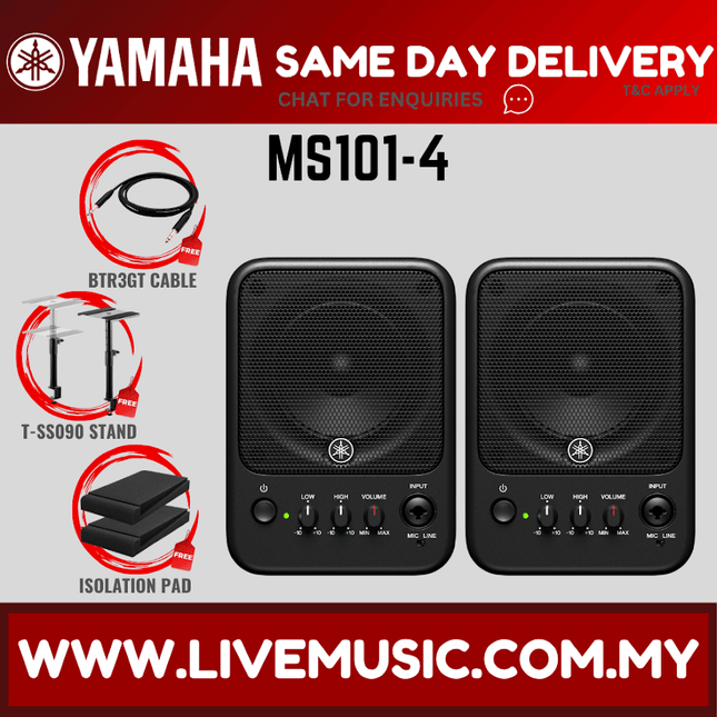 Yamaha powered studio monitor pair with mic/line and low-high EQ controls, black