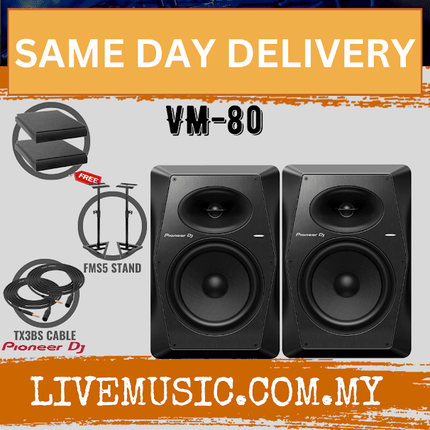 Pioneer DJ VM-80 2-Way Active Studio Monitor With Monitor Stand And Cable - Pair - Black ( VM80 / VM 80)